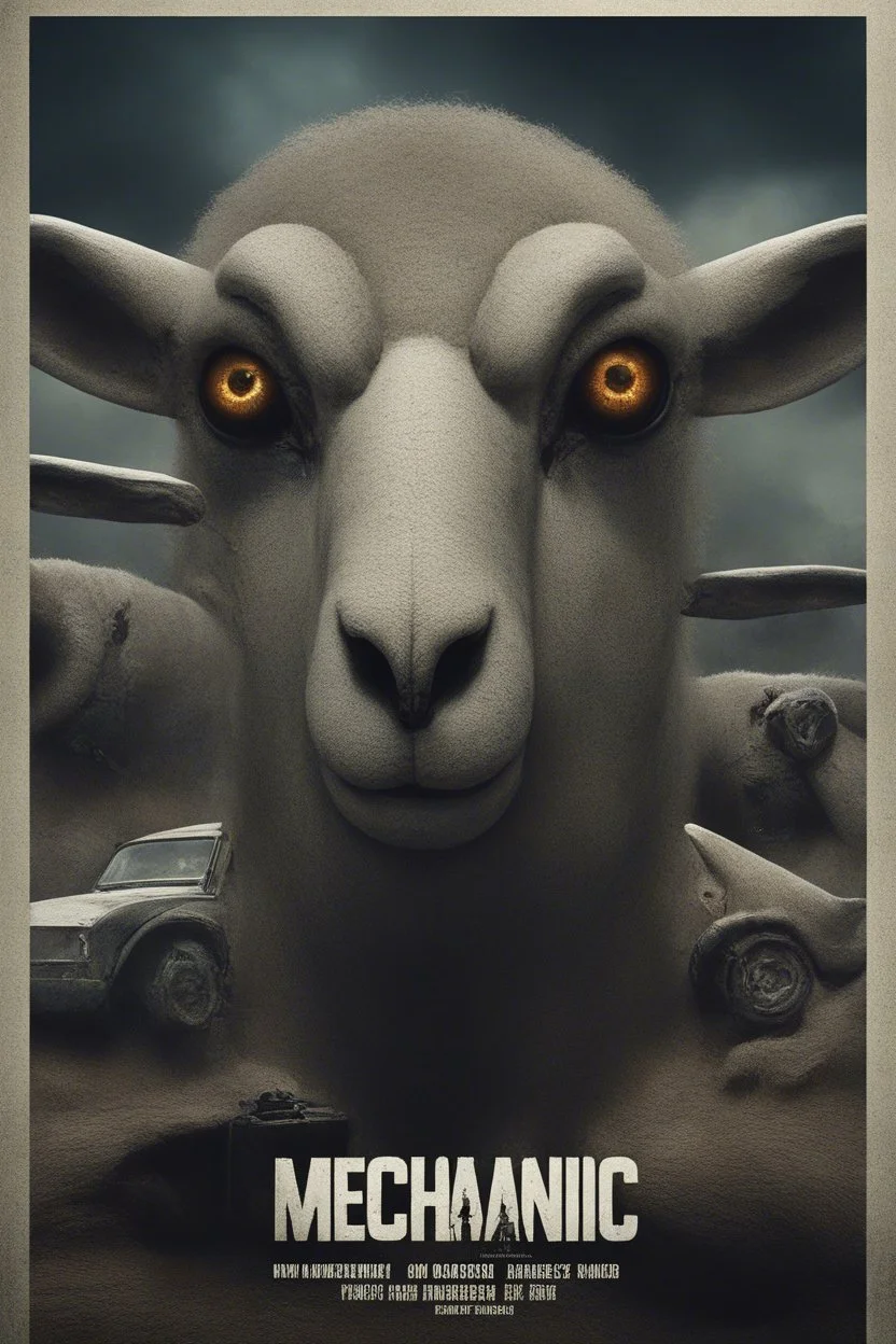 mechanic man scary (autofarm) in movie poster movie release date 2025 form,a portrait hybrid mixed turned head body part sheep, giant eyes sheep alien style horror look. as five headed mouth open, rough teeth, turn head around, landrover crash in background(&*&*^%$^#%$#%$^%$#^#$#^%#$^$#