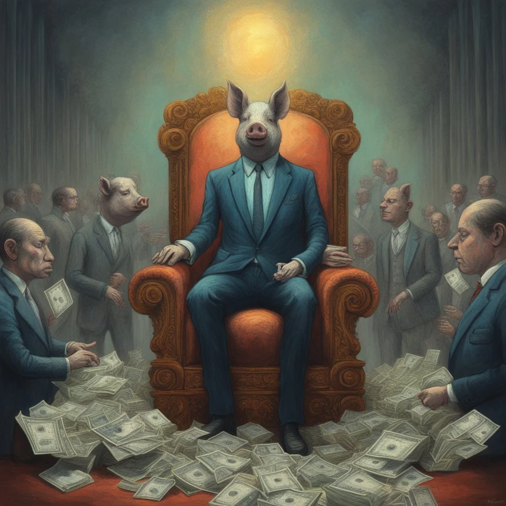 rich pig in suit on a throne making stacks of money by making a deal with a buisnessman. background of musicians. Payday payday. beksinski style.
