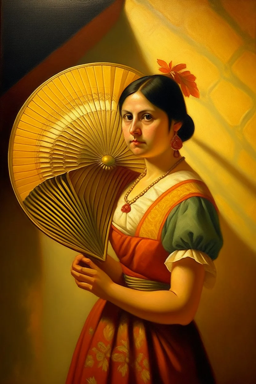 mexican woman holding a fan turning around looking into camera neoclassism painting sun