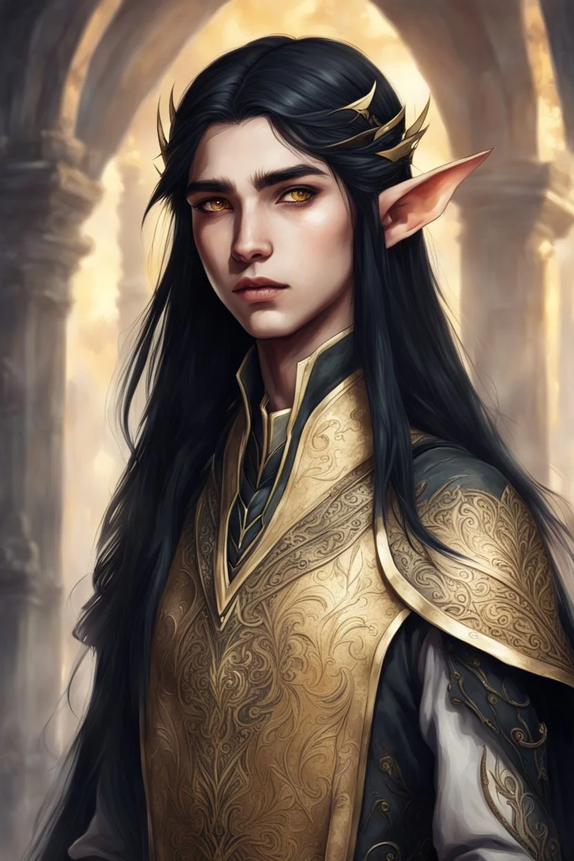 young elven of seventeen years old, golden eyes and straight black hair, dressed in epic clothes