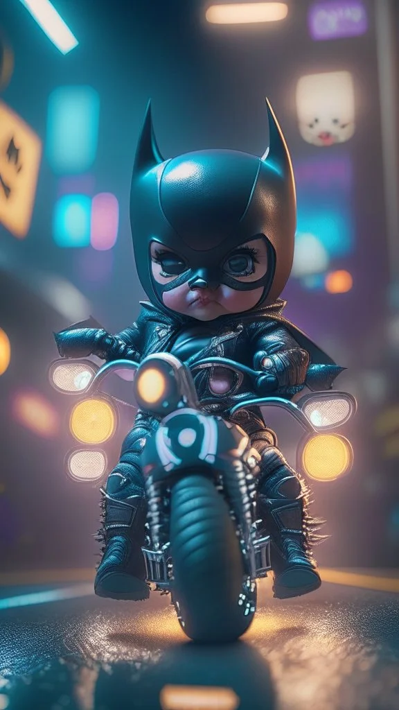 A flirty face Kawaii tiny hyper realistic baby batman riding mini harley davidson sportster modified, wearing bikers batman clothes with kick boxing action, night of cyberpunk city background. wide angle full body, 8k, Cinematography, photorealistic,epic composition Unreal Engine,Cinematic, Color Grading, Portrait Photography,Ultra-Wide Angle, Depth of Field, hyper detailed