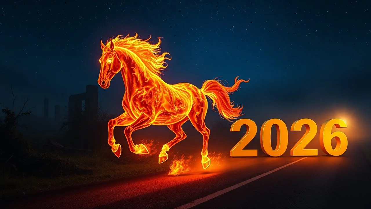 gallops out of the darkness a beautiful perfect fire horse with glowing eyes made of fire, a flaming fiery body, left profile, full body, above it the deep blue starry sky, in front of it a faintly shining road, behind it ruins, black vines, darkness, in front of it light, hope, a new road with ligt, in dark background, fog with big shiny 3d caption text: "2026"