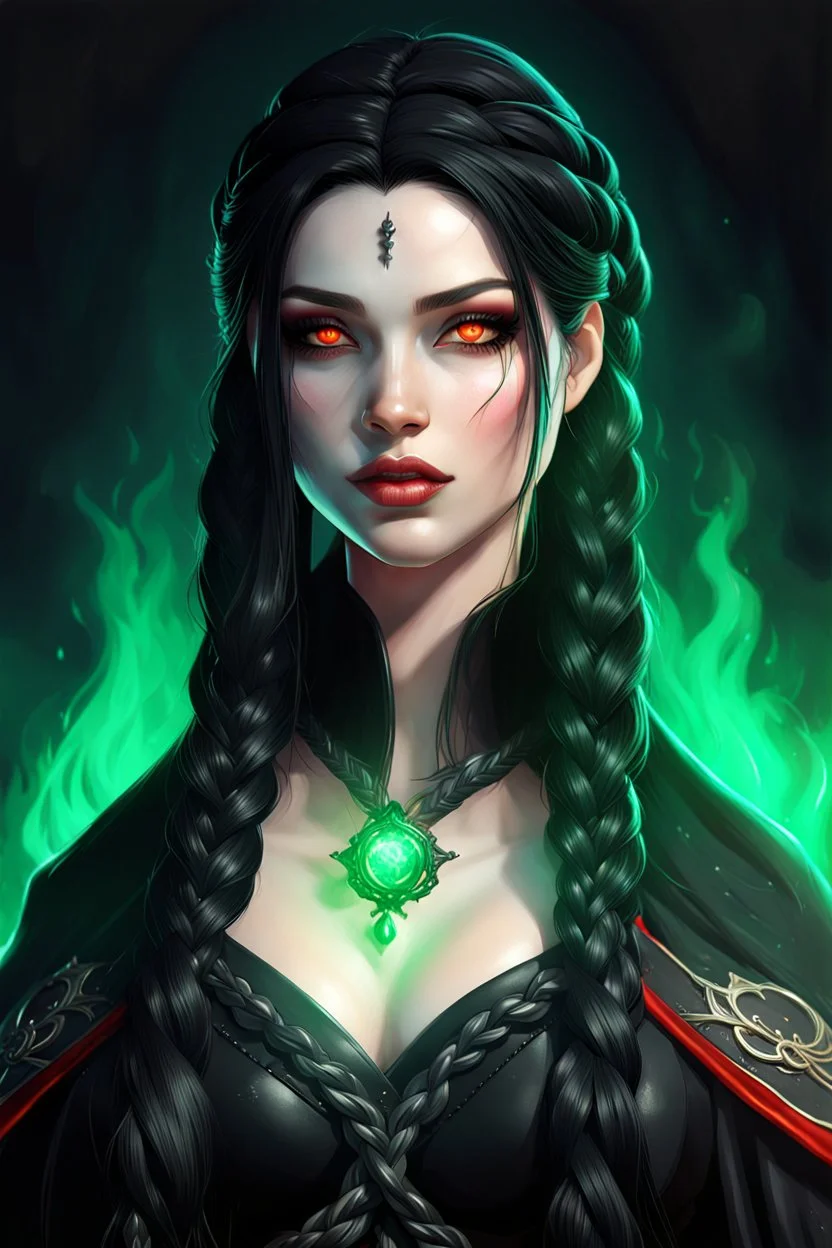 Beautiful Hexblood warlock female character. Long straight jet-black hair to the waist. Half-up hairstyle with two loose Dutch braids on each side. Bright glowing pale emerald-red eyes. Delicate face. High cheekbones. Full lips. Soft smile. Faint dark vine-like markings on face, neck and collarbone. Black cloak. Realistic dark fantasy. Highly detailed. Cinematic lighting.
