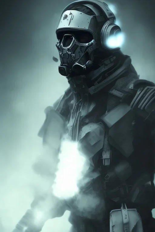 All Black british soldier, ghost, wearing high tech mask, white smoke, dark, rage, sorrow, high definition, ultra 8 k, volumetric lighting, blue fire, fog