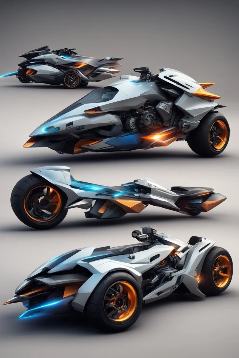 A combination of ultra-advanced car and crazy Max fighter, super sporty, with color and nano technology An advanced motorcycle with four wheels and a turbo jet in the back with rockets and machine guns