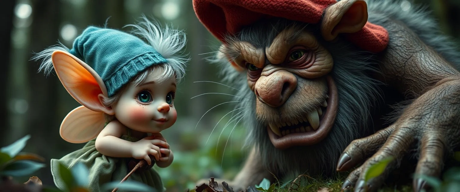 close up on pixie gnome and a giant troll intense huge funny mouse, with background motion blur, in magical forest scene, in the style of Rembrandt