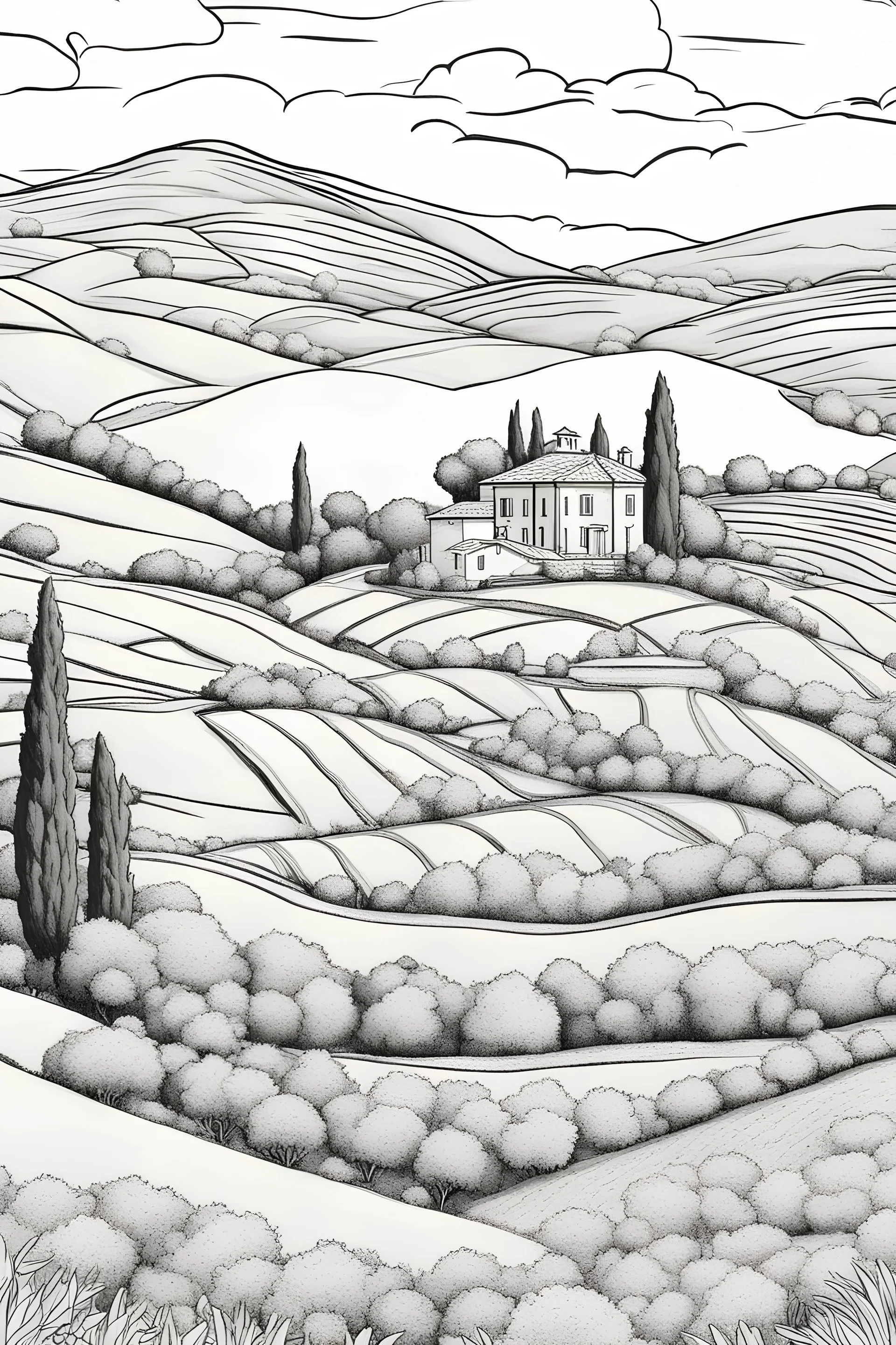 imagine prompt coloring page for adult, a hills, Tuscan villa on rolling hills, surrounded by green cypress trees and blooming fields. Infuse the scene with sunlight, conveying a cozy and tranquil atmosphere. a white background 9:11