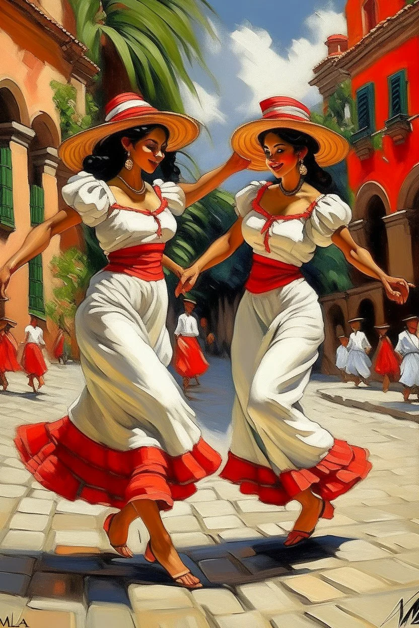 2 maxican woman dancing neoclassism traditional painting in mexican city