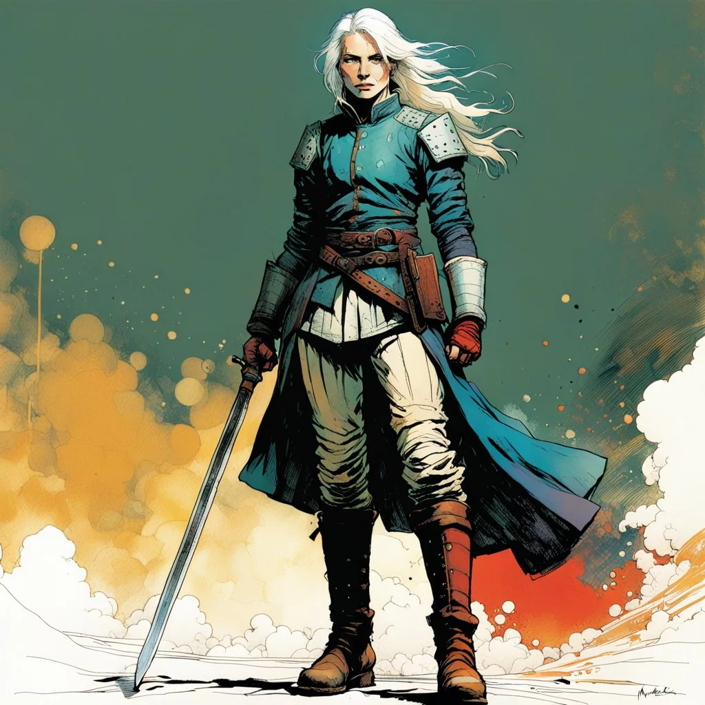 create an imaginative full body print illustration of an ethereal, otherworldly , pale female grandmaster Witcher with short flaxen hair wearing a tattered battle worn padded gambeson and boots , in the comic book art style of Bill Sienkiewicz, Mike Mignola, and Jean Giraud Moebius, with highly detailed feminine facial features , finely drawn, colored and inked,