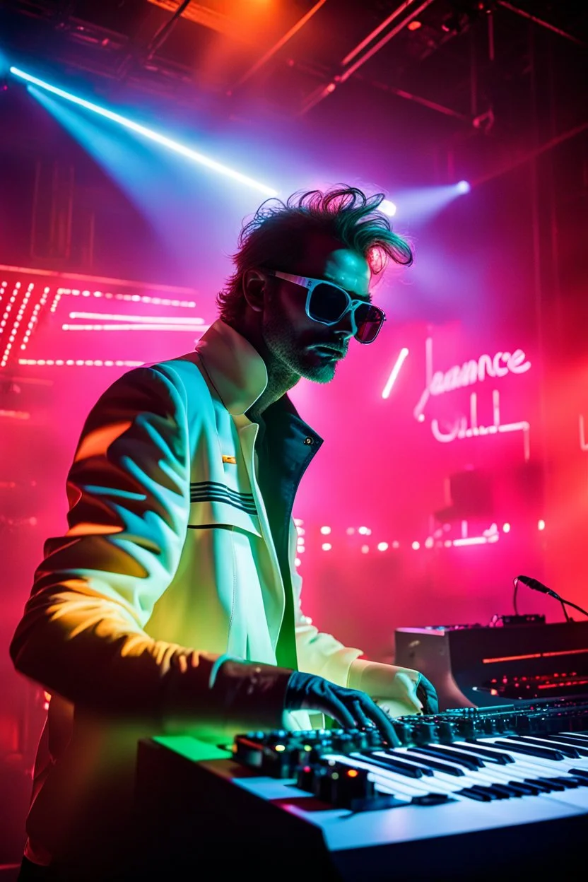 French cool synth player, he is called "Jean-Maurice Brûlée" performing at dance club, his name is "Jean-Maurice Brûlée" , white and orange Neon lights and smog, and "URANIUM" big sign on the wall, he is playing on synthesizers on stage with lot of laser beams and wearing black sunglasses, an earth is projected in background