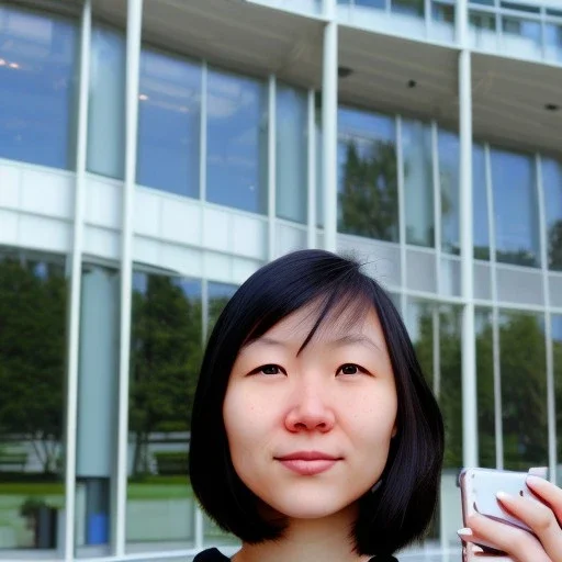 A short haired, Japanese female software engineer from UC Berkeley taking a selfie in front of Building 92 at Microsoft in Redmond, Washington