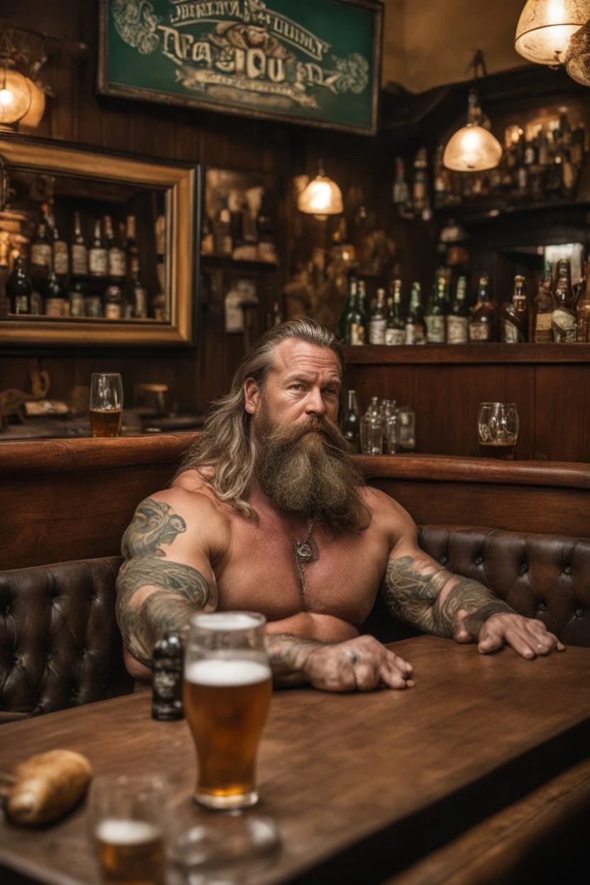 full body shot photography of a burly tired muscular beefy stocky viking tattoed 48 years old, lying down relaxing on a table full of glasses of beer, in irish pub, manly chest, shirtless, hairy torso, dressed wth traditional dress,, long hair, long beard, emotive eyes, big shoulders, ambient occlusions, photorealistic , aerial view