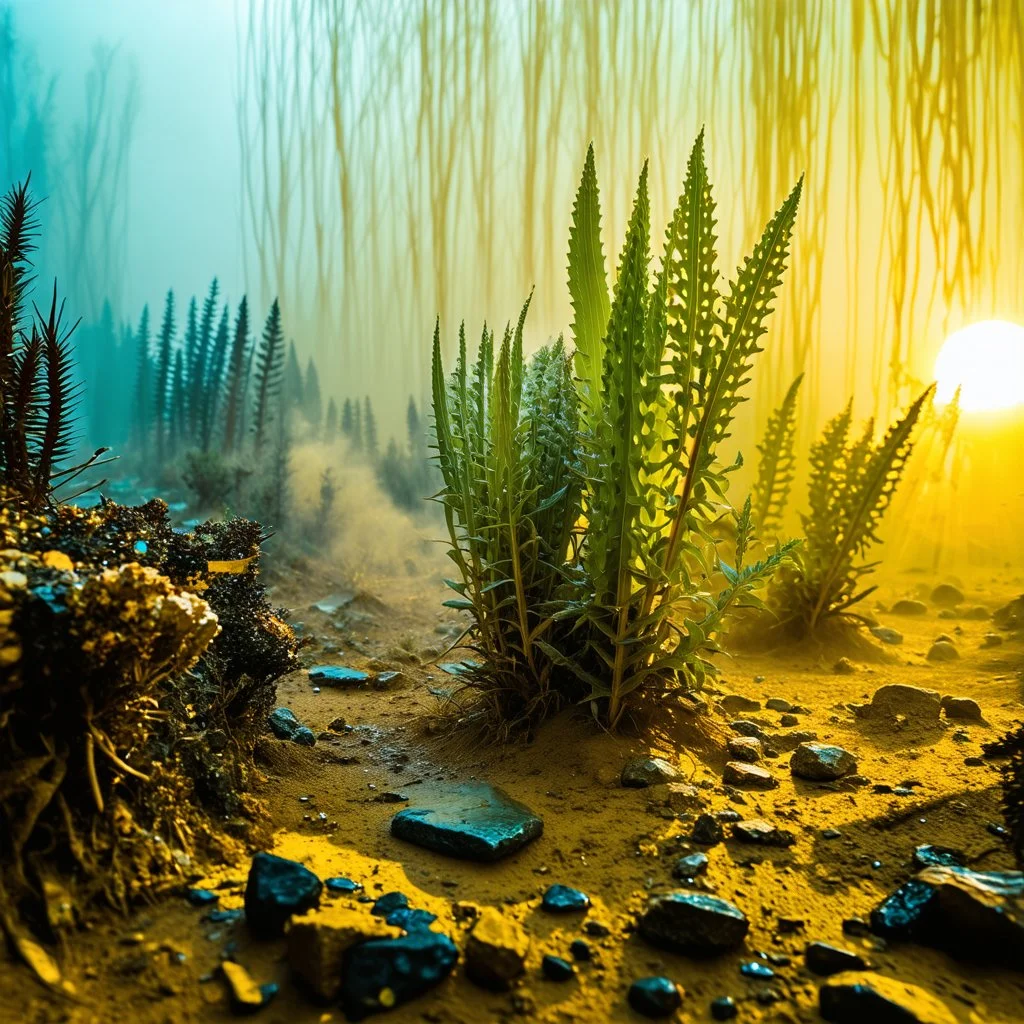 A striking quality Kodak photograph captures a wasteland with liquid and group of monstrous plants, creepy, details of the dust very accentuated, glossy organic mass, adorned with minerals and rocks. Bathed in intense light, eerie, Max Ernst style, Amano, Audubon, yellow sun, fluids, fog, bkue eyes, paranoic, obsessive, blurred, volumetric light