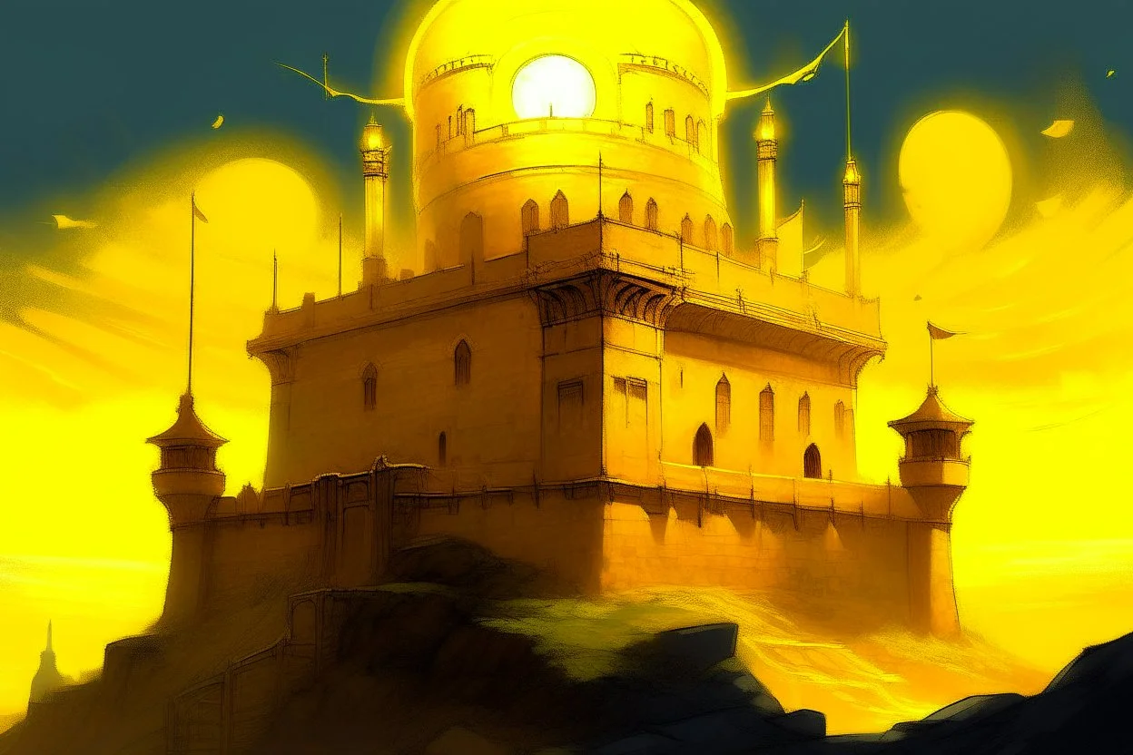 A yellow fortress with glowing halos painted by Zosan