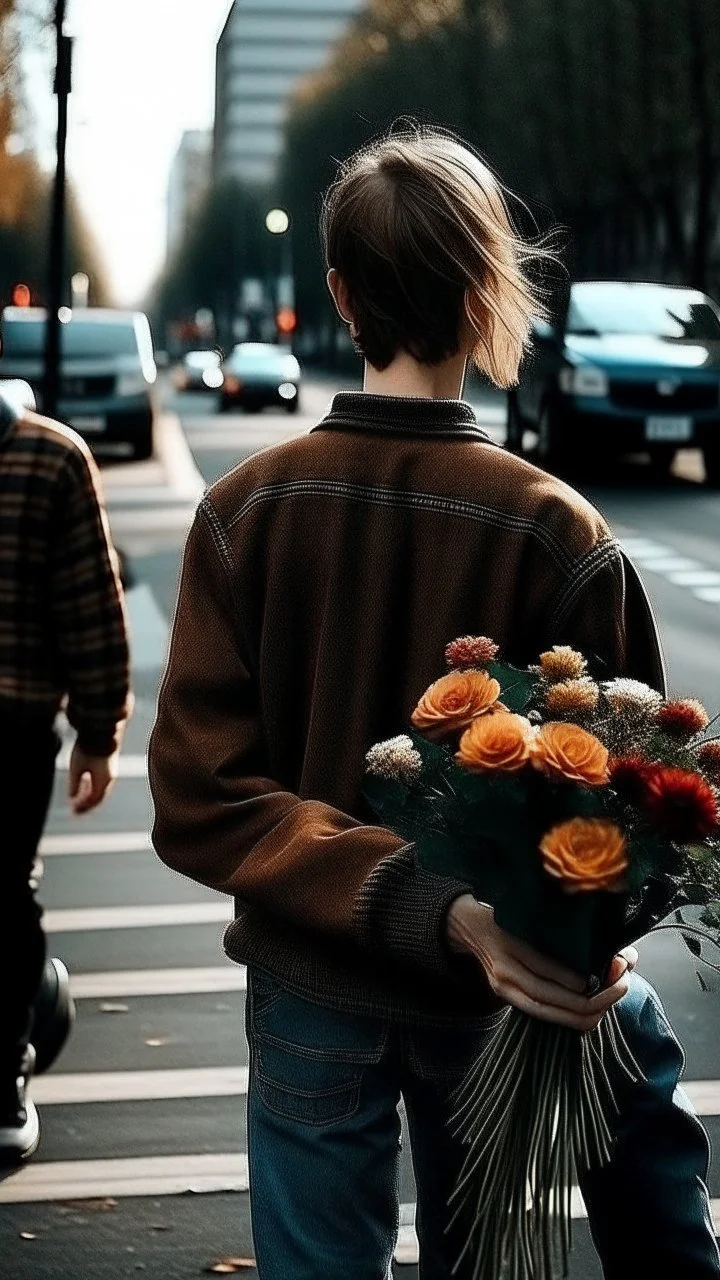 An image of a man holding a bouquet of flowers as he walks towards a woman. --auto --s2