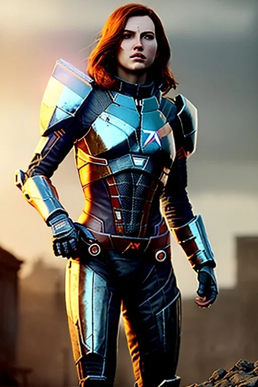 ultrarealistic, ruined city,__mass effect armor__, __angles__, 19 year old woman, strikingly beautiful, ginger hair, silver colour, [__starlets__|__starlets__], (pale __skincolor__ skin:1.2), __camera__, _hair_, detailed face and eyes, medium breasts, leather choker, freckles, dynamic pose, resolved expression, __accessory__, strappy outfit, (straps:1.1), sword in scabard on left hip, (buckles, buttons, snaps, rings:1.0), haltertop style breastplate, detailed eyes, plump lips, sci-fi theme