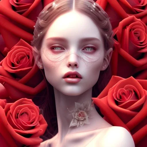 red roses beautiful girl,utra realistic,highly detailed, masterpiece, delicate detailed, sharp focus, insanely detailed, fantasy art, royalistic,elegant, fog, Special Lighting, Vibrant, color Scheme, forest, octane render, trending on artstation, ultra photoreal,hypermaximalist