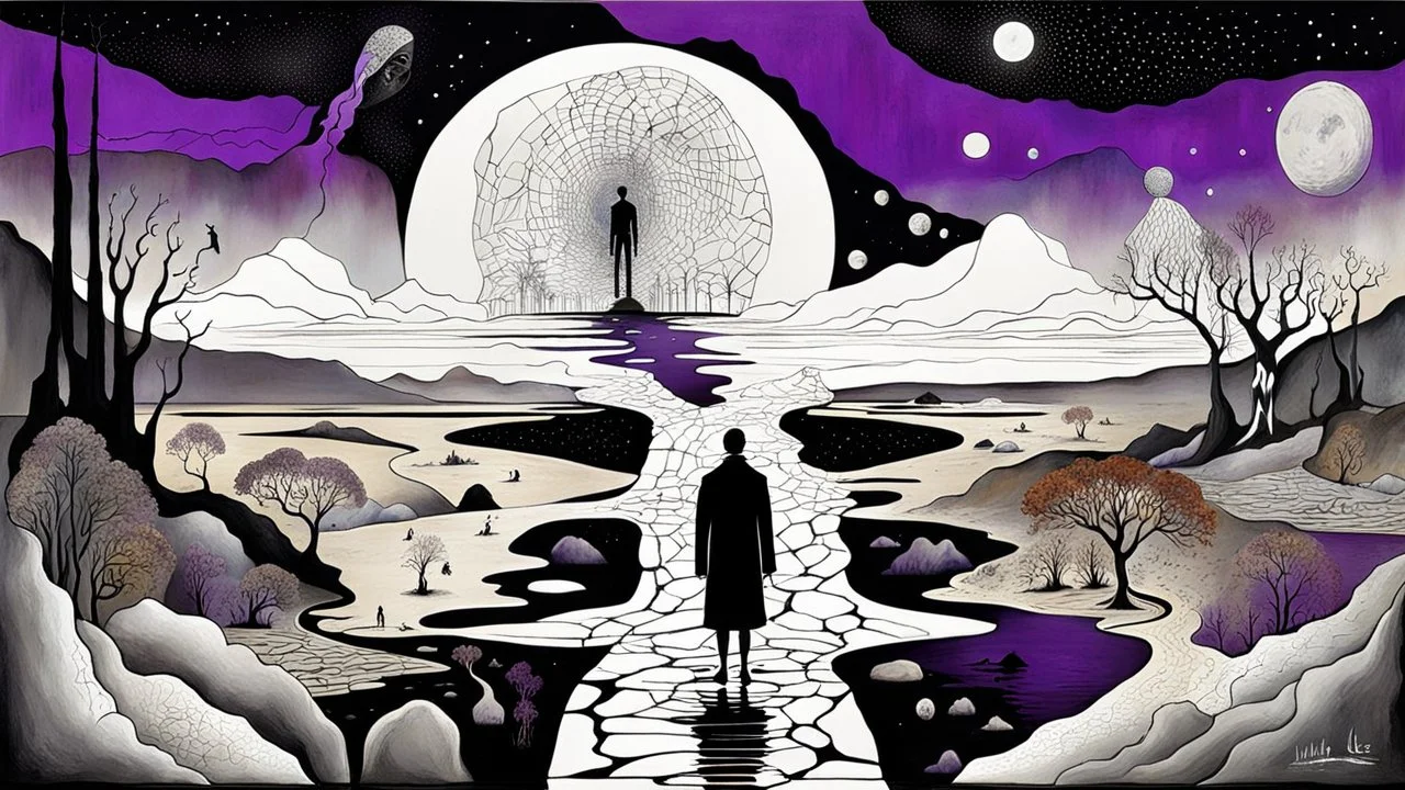 inner world with uncontrolled mind and soul, in midle an alone human figure stands on thin bridge with a big map his hands , weird whimsical landscape, forest, and Sahara water and rocks,, around surreal cracked painted weird land with some black doors. dark purple, gray, black, white, brown. Whimsical style of Chagall , of Minjae Lee and René Magritte, lonely face with absurd beauty. broken, weird bizarre absurd nightmare, labirynth, dark vision, neuron network background, surreal vibe