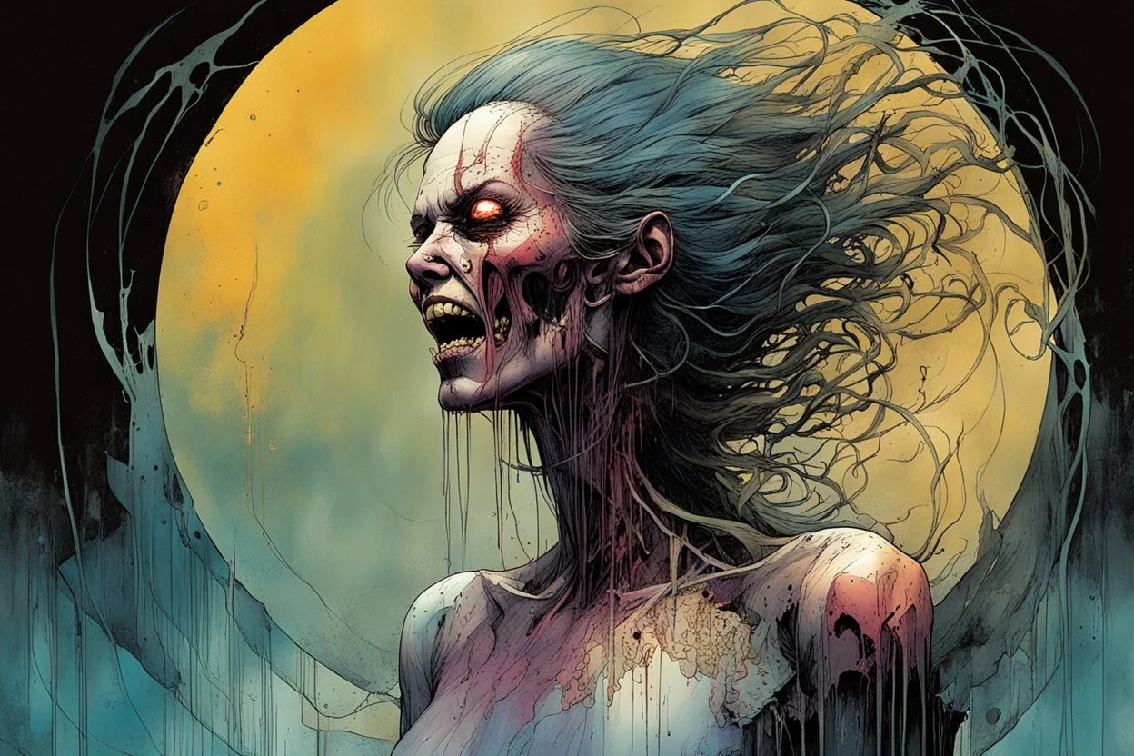 a surreal full body portrait of the inner workings of her disturbed mind as a nightmarish charnel house of screaming pain , in the comic book style of , Bill Sienkiewicz, , Alex Pardee , and Jean Giraud Moebius, muted natural color, sharp focus, ethereal , dark and foreboding