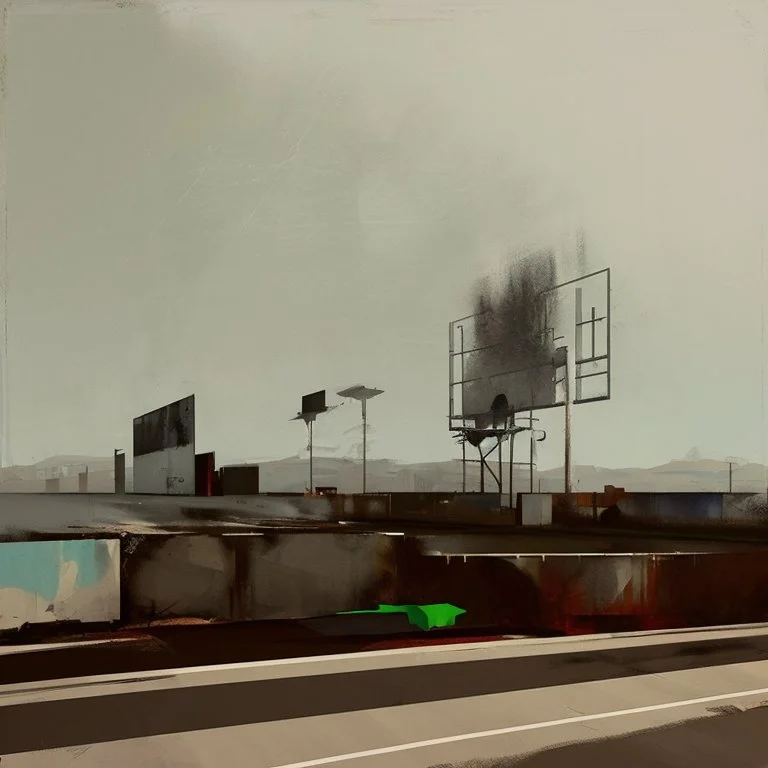 Minimal contemporary abstract oil-painting of desolate 1960s carpark with road markings and concrete fragments. Overlay with grungy typography graphics. style of Justin Mortimer and Francis Bacon.