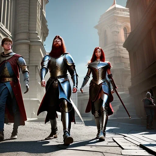 Three young teenagers with red hair, outside city guild hall, magic, spellcasting, medieval armor,fantasy adventure, photorealistic, pristine,