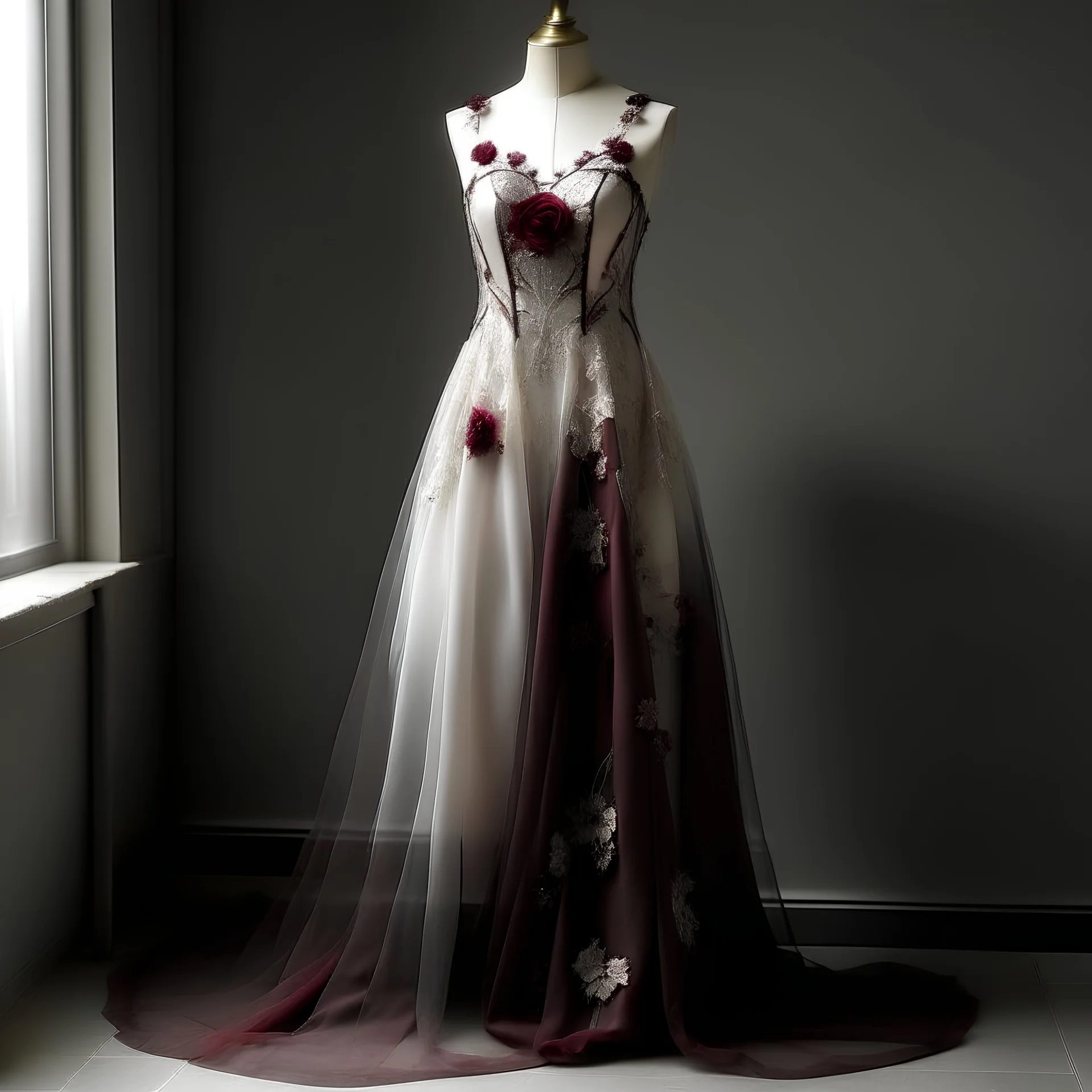 night gown, worked organza fabric, synthetic material, nylon, mineral gray, bordeaux and platinum colors, milky colors