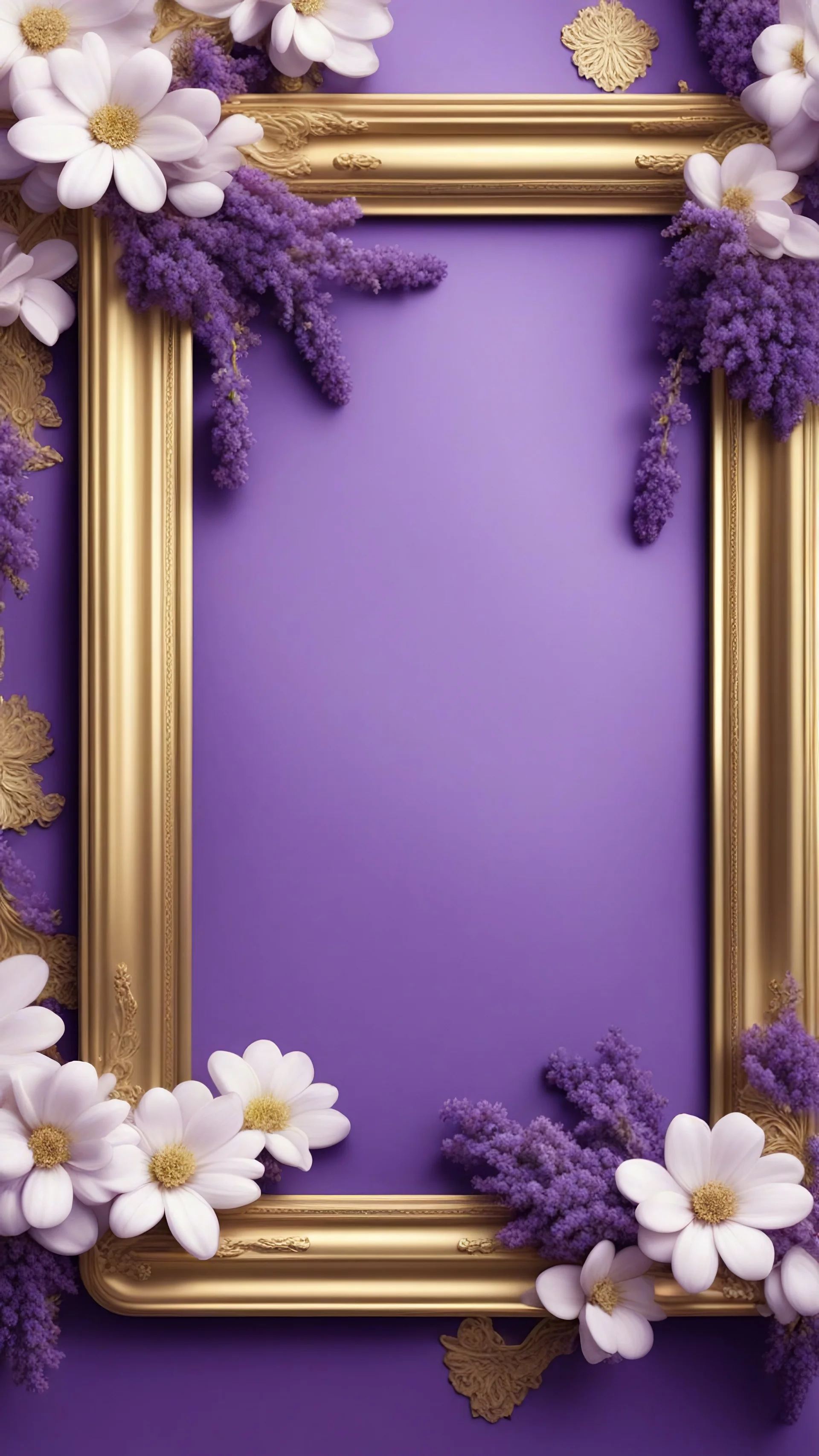 Purple frame background with lavender and white flowers and gold accents with ample empty space inside the frame in oriental artist style, photo, 3d rendering, poster, cinema