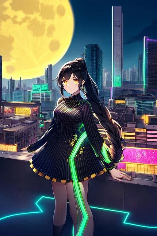 girl, masterpiece, best quality, cinematic lighting, detailed outfit, perfect eyes, black hair, golden eyes, long hair, ponytail, braided ponytail, girl standing in a modern cityscape at night with a bright yellow moon in the background, detailed cityscape illustration, neon lights, vibrant colors, dramatic lighting,