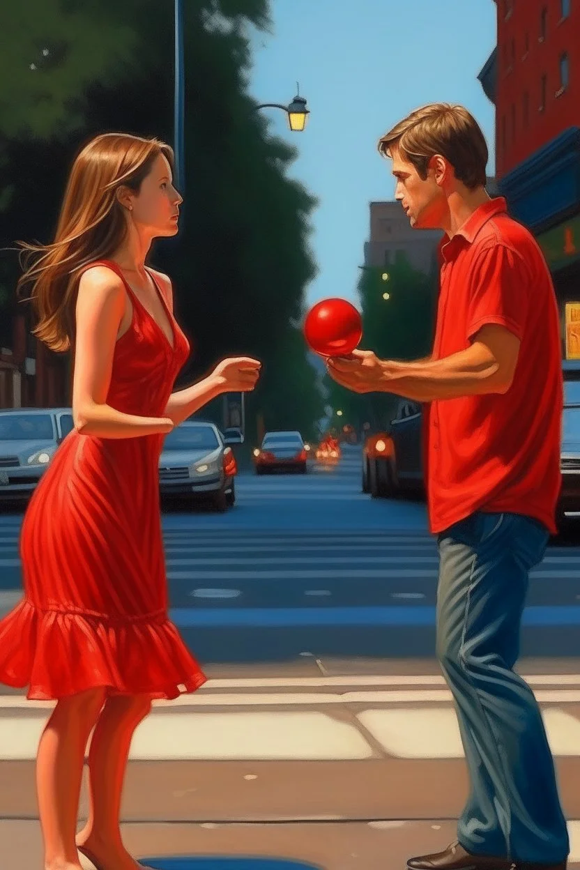 A girl collides with a young man and he catches her in the middle of the road and they look at each other with the bells around them ringing, the girl wears a short red dress exposed from the shoulders, and the young man wears jeans and catches an oil painting Photorealistic