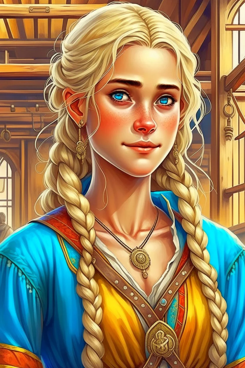 pretty girl, aged 25, blonde, conventionally attractive, bright clothes, medieval, viking, realism, dreamy, adventurer