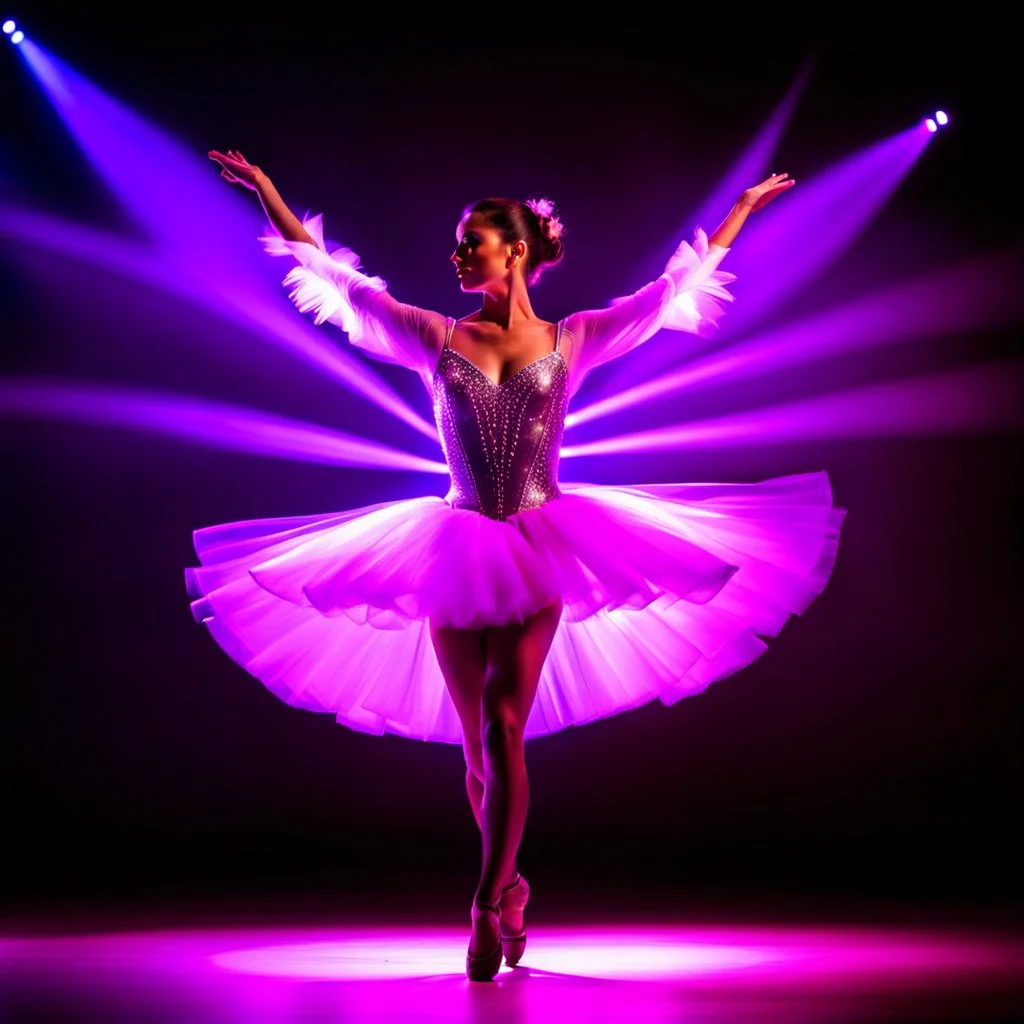 create of a beautiful balerina in pretty clothing in a modern cifi stage in her performance cinamatic lights .