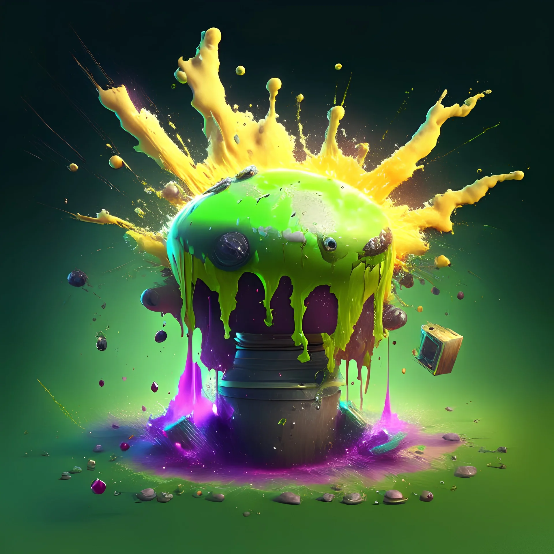 The lettters HM with explotions hitting it, slime coming off of it, bullet rounds falling on top of it, and magic randomly around it
