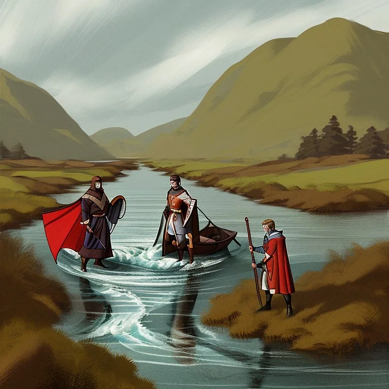 The prince of the high tide and the prince of the low tide in the river wearing medieval battle clothes, the image is divided into half a river at high tide and half a river at low tide