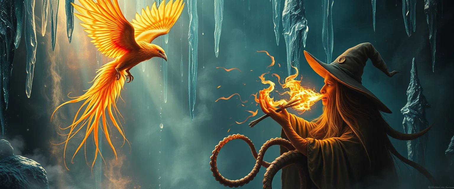 fire smoke and fog and light rays, phoenix jellyfish octopus bird witch in chrome reflective icy waterfall looks beyond really powerful slapping a bird in the face with fire, fantasy illustration, in the style of Rembrandt, plantery saturn background