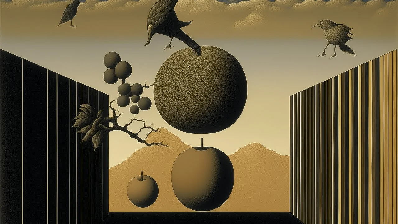 This is a thought-provoking, surrealistic oil painting by René Magritte, titled "The Treachery of Images." The artwork features a dreamlike, abstract composition with a muted, earthy palette dominated by shades of brown and beige. The painting is a complex web of shapes and forms, each with its own symbolic meaning. In the top left, a large black circle with a smaller, inverted black triangle inside it resembles a sun with a spider-like figure dangling from it. Below this, a series of geometric