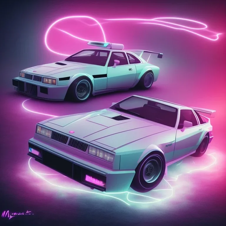 1980's aesthetic vaporwave sports car glowing in a dark field at night