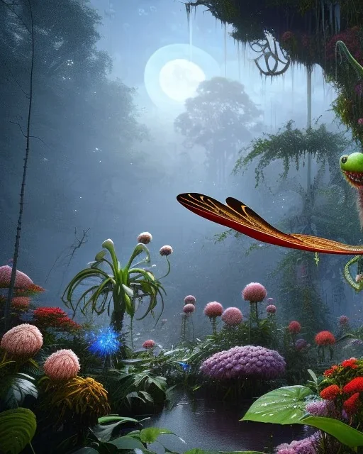 large venus fly trap with teeth eating a dragonfly, flowers, jungle, hyperrealistic, trees in background, digital art, alien like, disgusting, intricate, morbid, rainy, sinister, volumetric lighting, unreal engine, high resolution, 8k, depressing colors, dark colors,