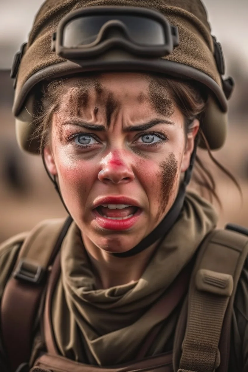 a beautiful American woman soldier with ferocious expression fighting in war field