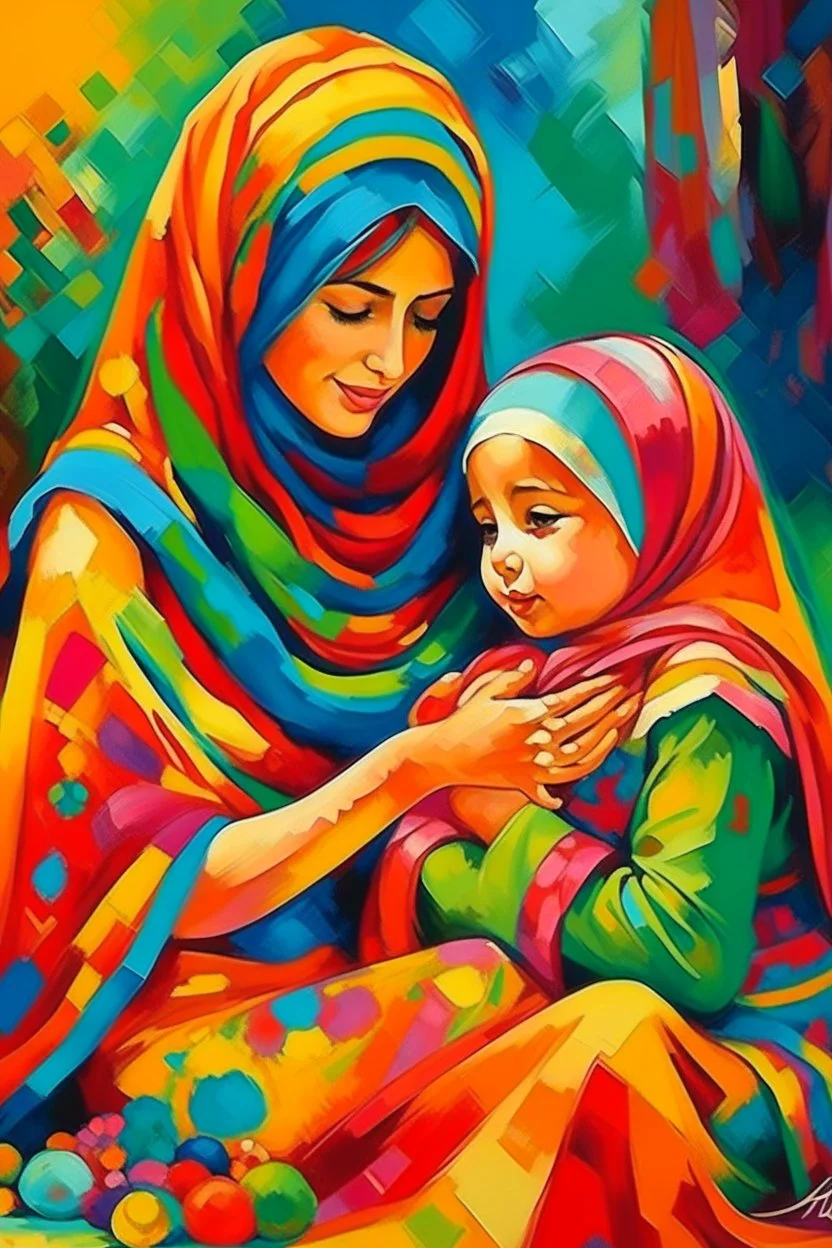 oriental arabic woman with child playing with each other painting colorfull