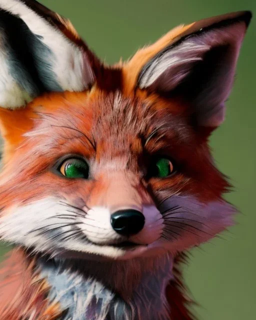 A fantasy fox made up of rocks with green eyes , fantasy , unreal engine, realistic