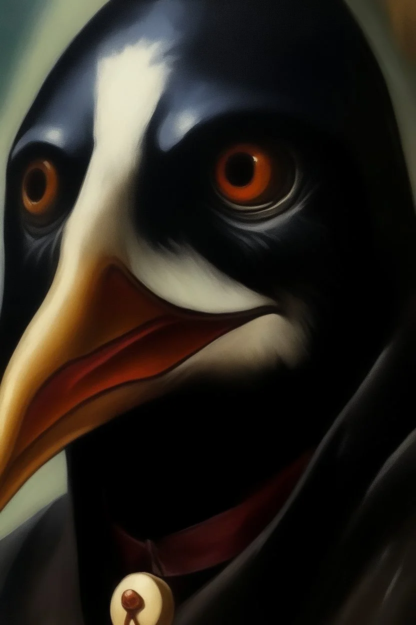 Pengu, oil painting. dark fantasy cover 1970, closeup dnd business style.