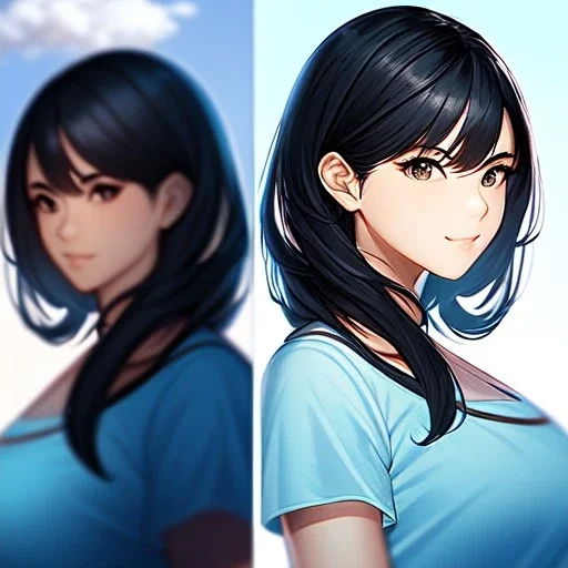 black haired woman, casual clotting, realistic, HD4k, watery cloud background, close up shot,