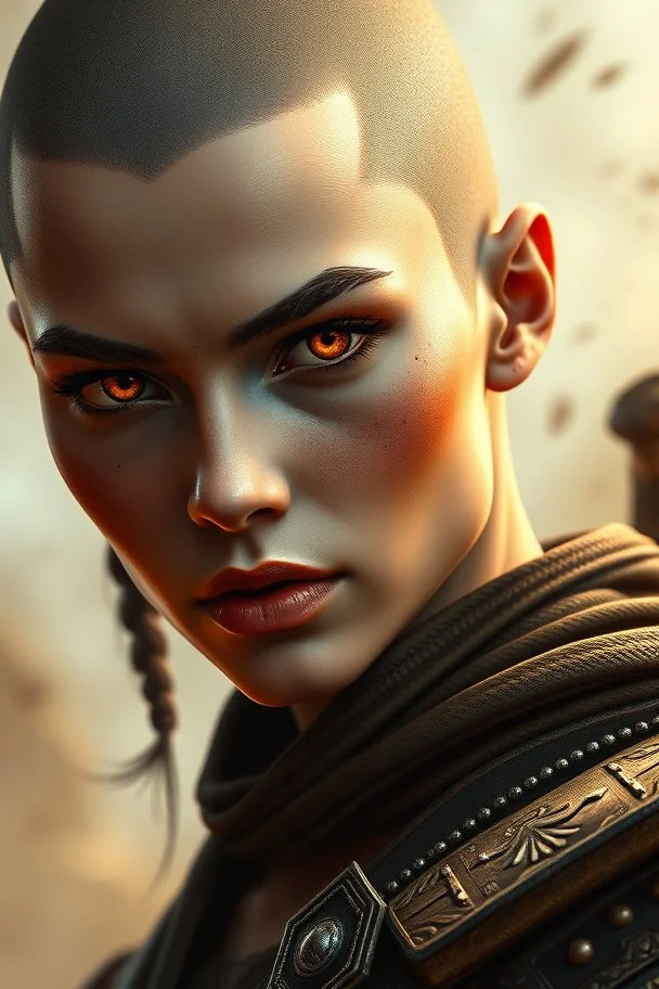 portrait of attractive female warrior with no hair amber eyes