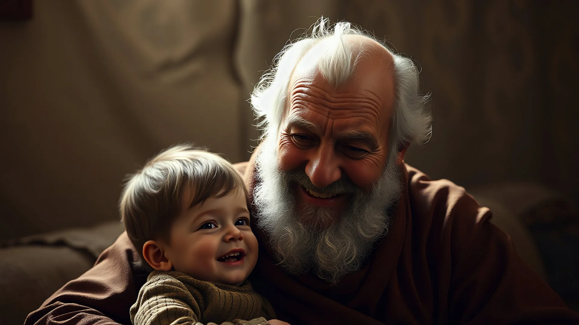 Elderly Grandfather and little child grandson happy together, exquisite composition, beautiful detailed intricate insanely detailed octane render trending on artstation, 8k artistic photography, photorealistic concept art, soft natural volumetric cinematic perfect light, chiaroscuro, award-winning photograph, masterpiece, raphael, caravaggio, Alma Tadema, Bouguereau