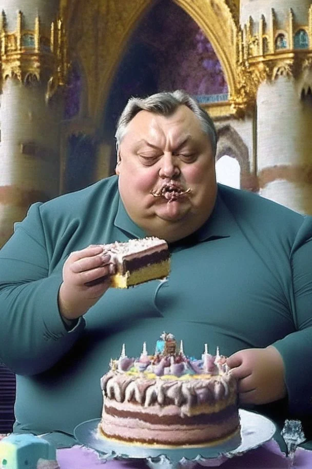 fat viktor orban eating birthday cake in a castle