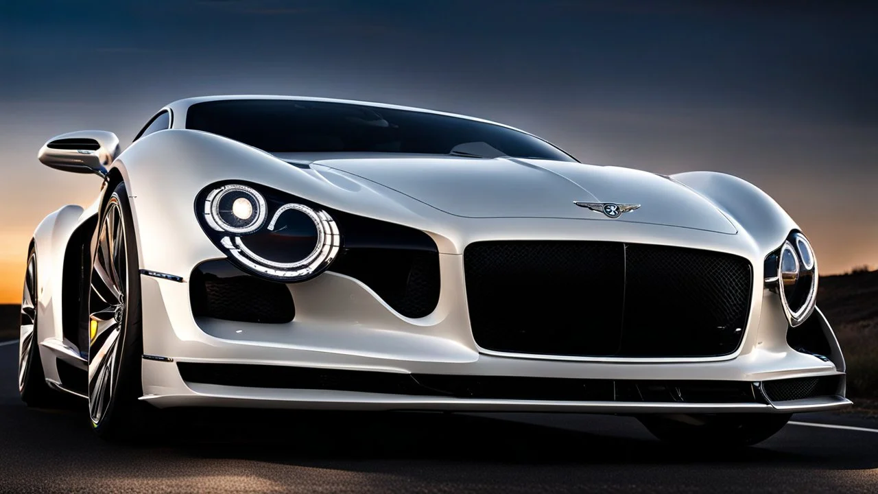 A sleek white shiny (((bentley porsche combination))), its contours and details perfectly captured in a (((cinematic view))), zipping along a winding road under a beautiful blue black night sky