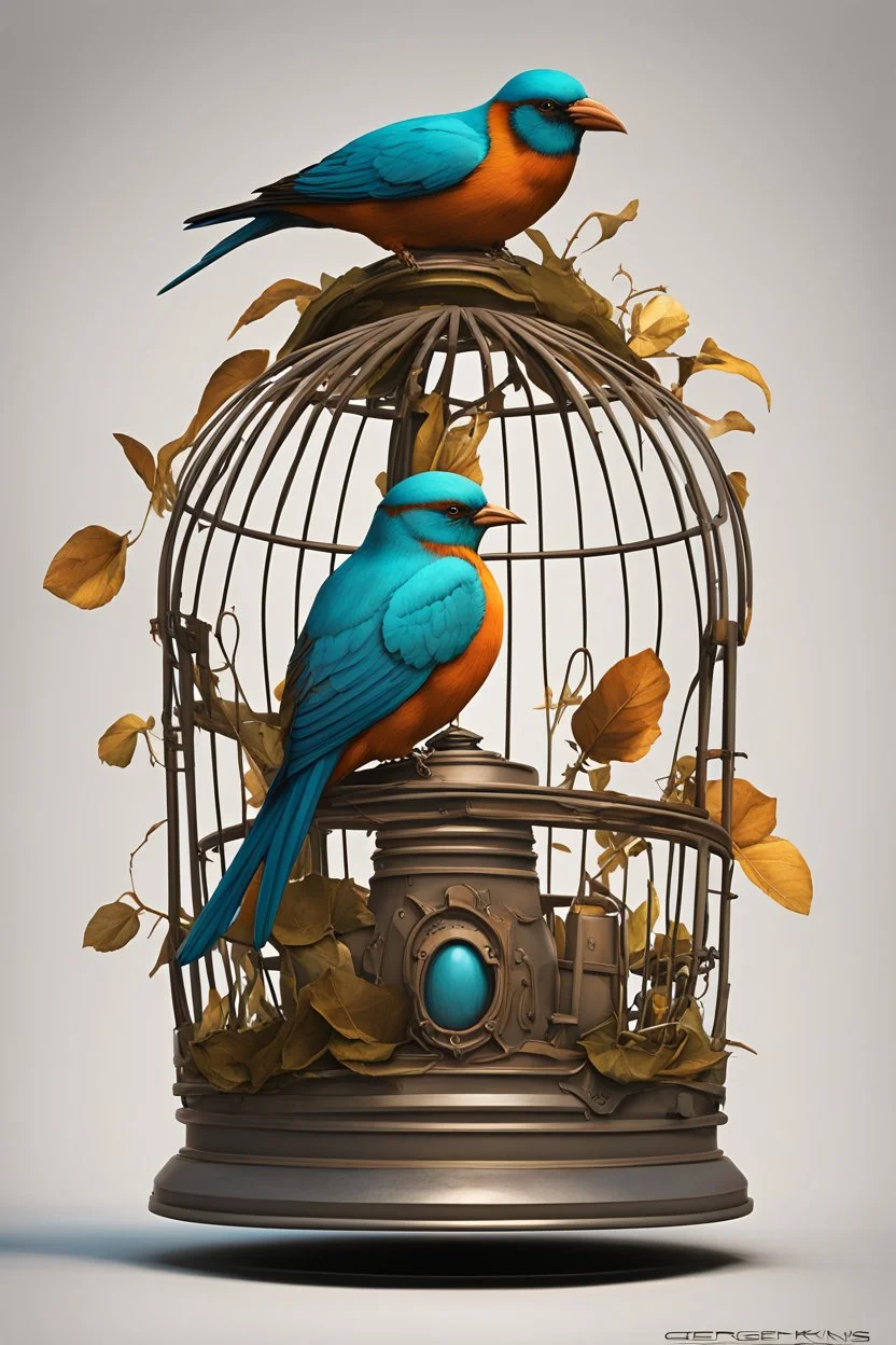 Surreal hat which holds a bird cage with birds in it, surreal concept art, by Moebius, by George Grie, by Greg Simpkins, concept art, hyperreal, cool complementary colors, unreal engine 5.