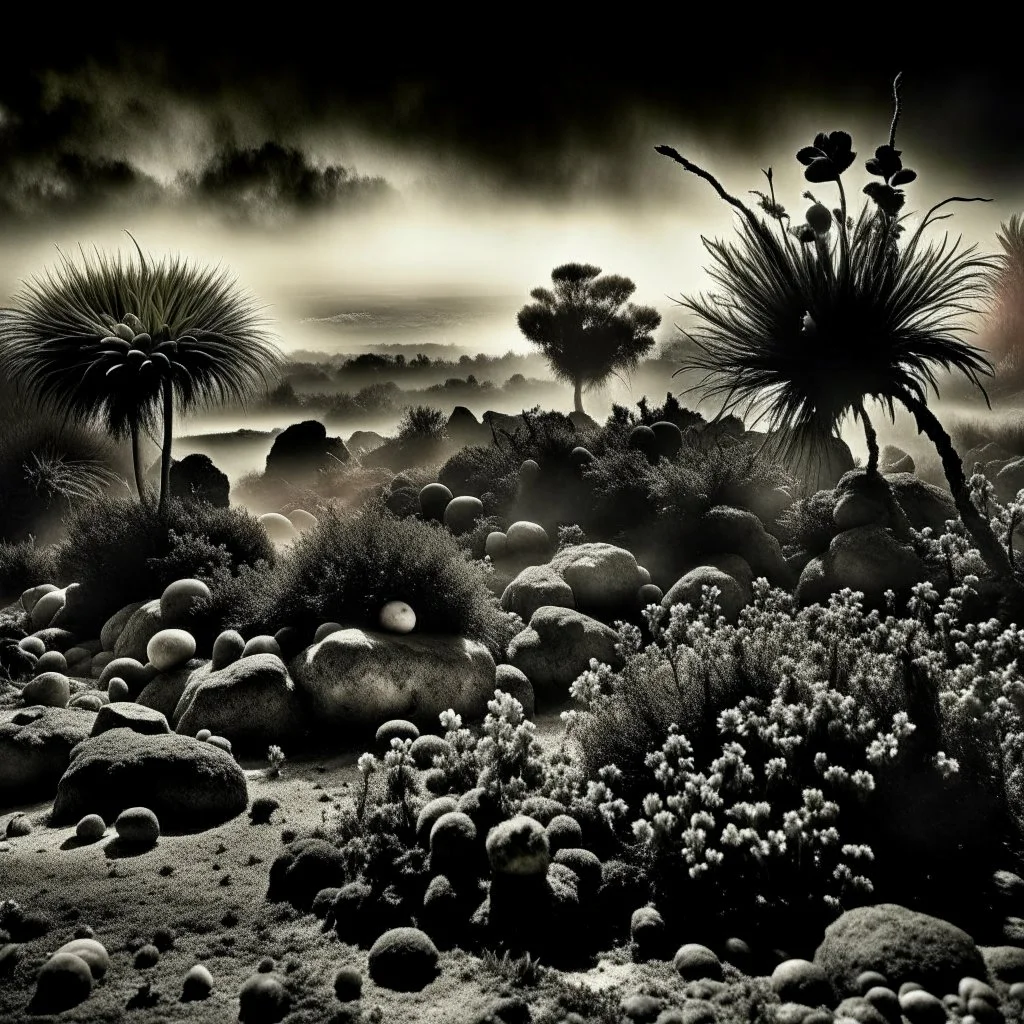 A striking quality photograph captures a wasteland with groups of plants, creepy, Amano, Audubon, Yves Tanguy, details of the dust very accentuated, glossy organic masses, adorned with minerals and rocks. Bathed in intense light, eerie, Max Ernst style, black sun, fog