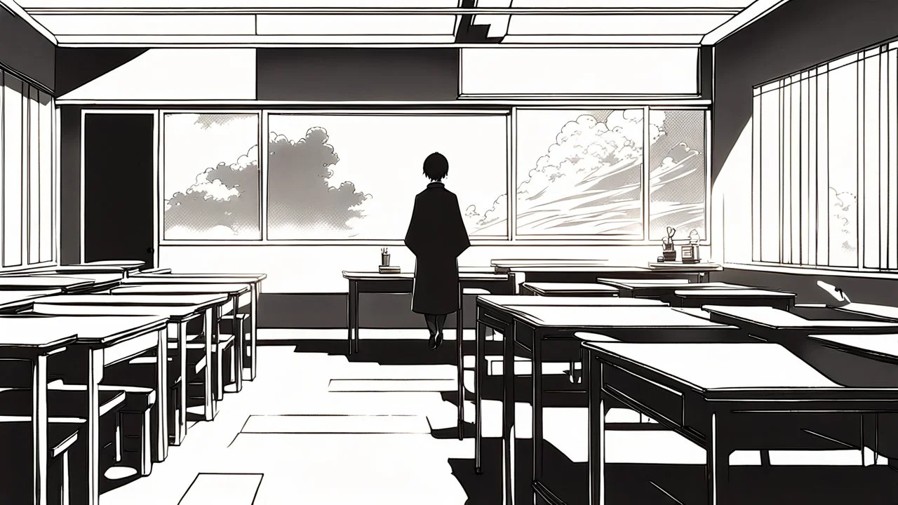 monochromatic japanese classroom with a shadowy figure looking out the window holding a transparent key emanating glow that colors the surroundings, anime