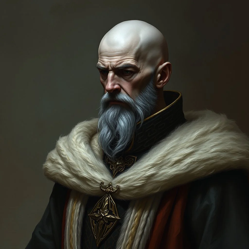 A bald greyskinned noble with a renaissance coat fantasy grimdark realistic